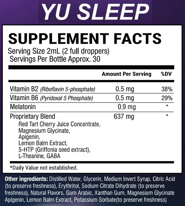 Yu Sleep Supplement Facts label showing serving size and ingredient amounts